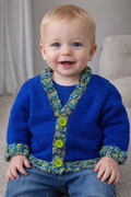 Hand Knitted baby cardigan, royal blue with scalloped edging
