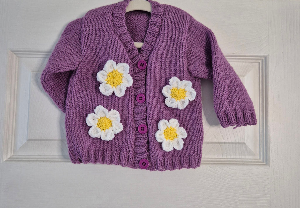 Handmade Sugar Plum Baby Cardigan with Crochet Daisies, 6-12m
