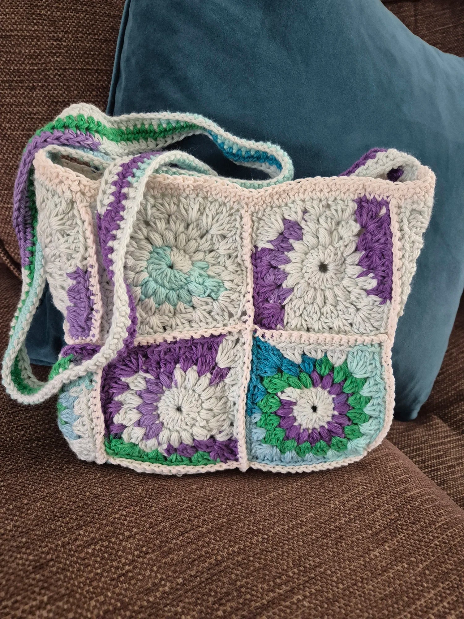 Handmade Cotton Crochet Tote, summer beach bag- Turquoise, aqua marine