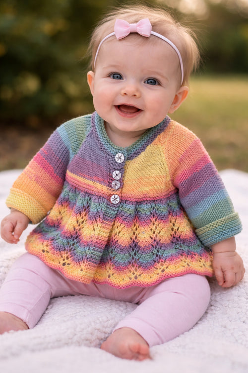 A baby sitting outdoors on a white blanket wearing a colorful hand-knit cardigan with pink leggings and a pink bow headband.