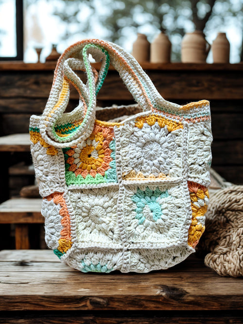 Retro Handmade Crochet Market Bag with Floral Lining