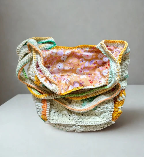 Retro Handmade Crochet Market Bag with Floral Lining