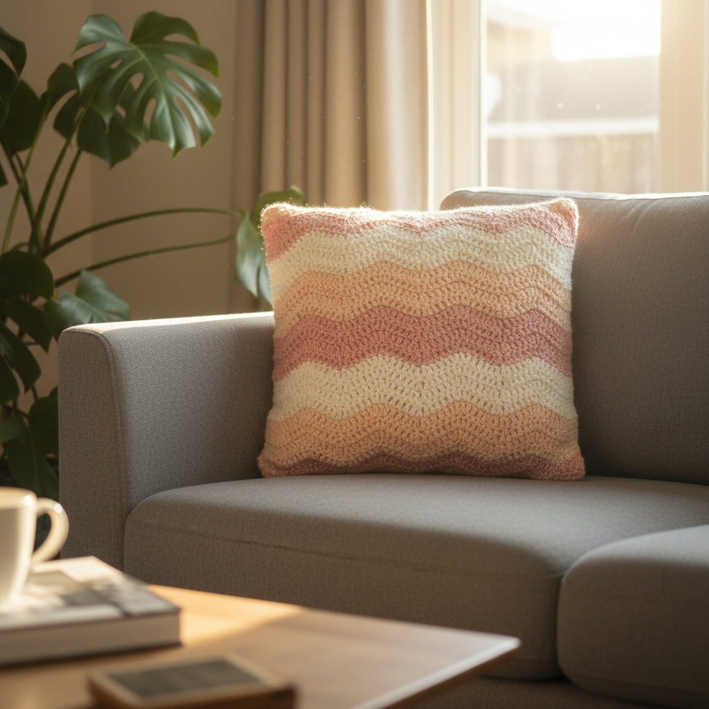 A square crocheted throw pillow with wavy horizontal stripes in dusty pink, cream, peach, and light beige, resting on a wooden chair with green plants in the background.