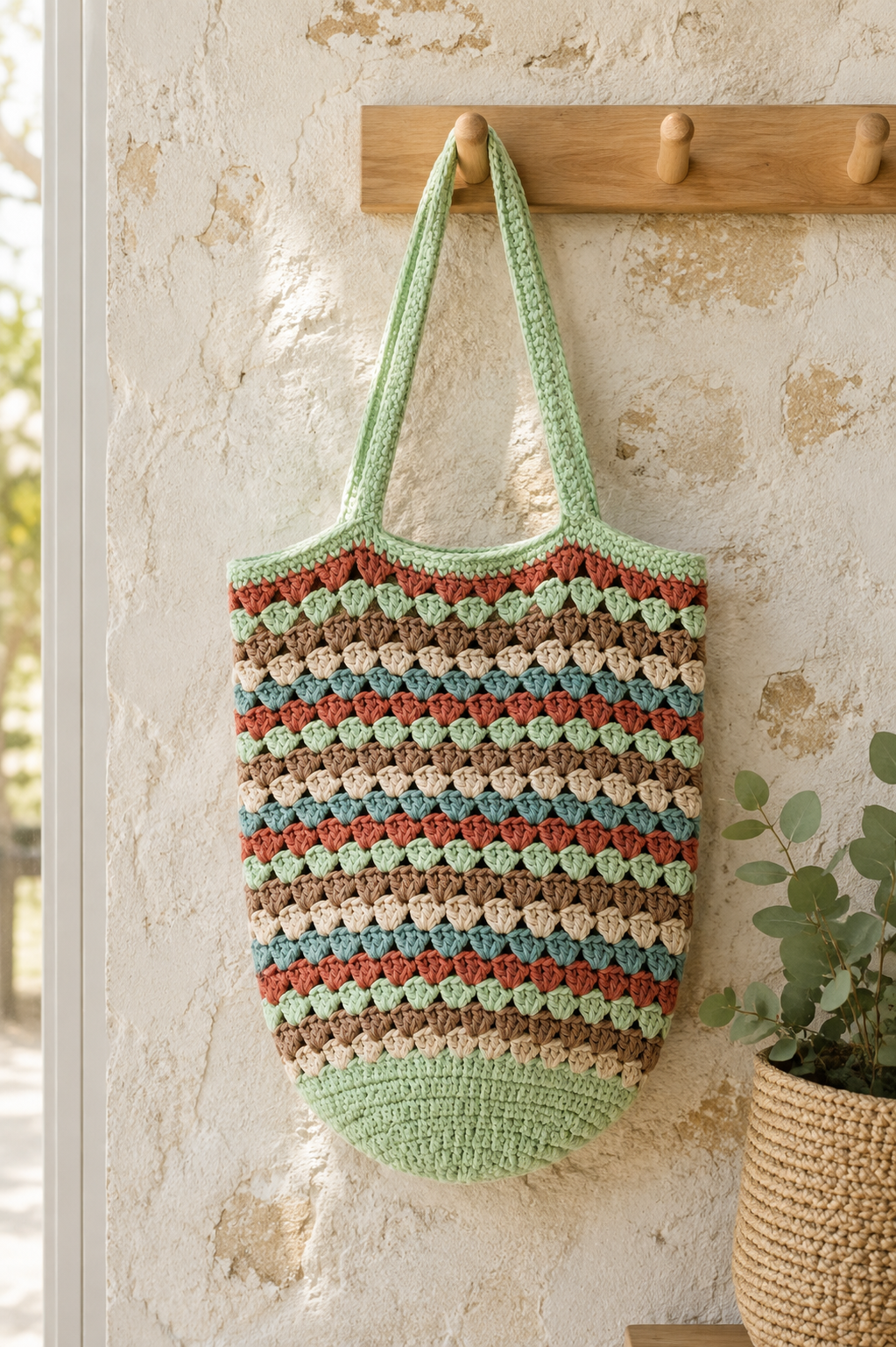 Earthy tones striped cotton crochet market bag