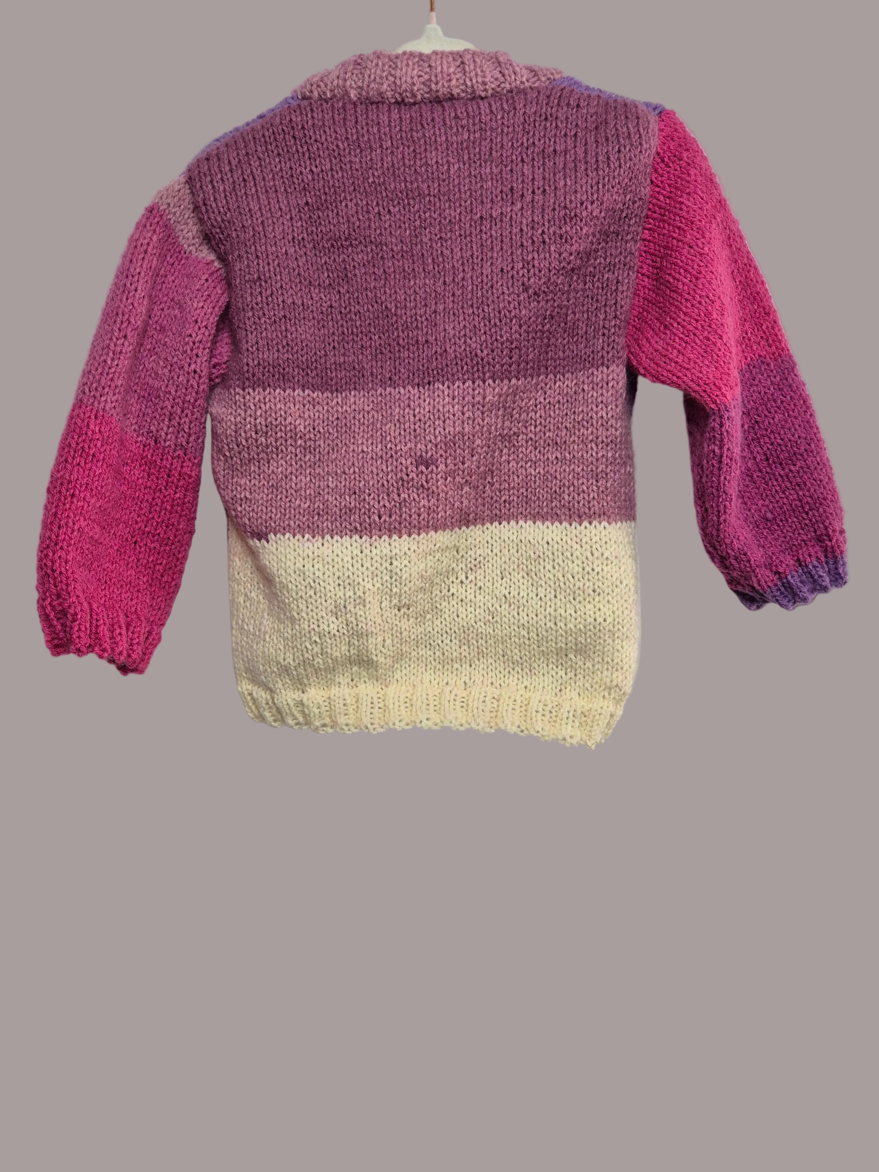 Hand knitted cardigan, girl sweater, 12 months to 2 years / block colours pink and purple