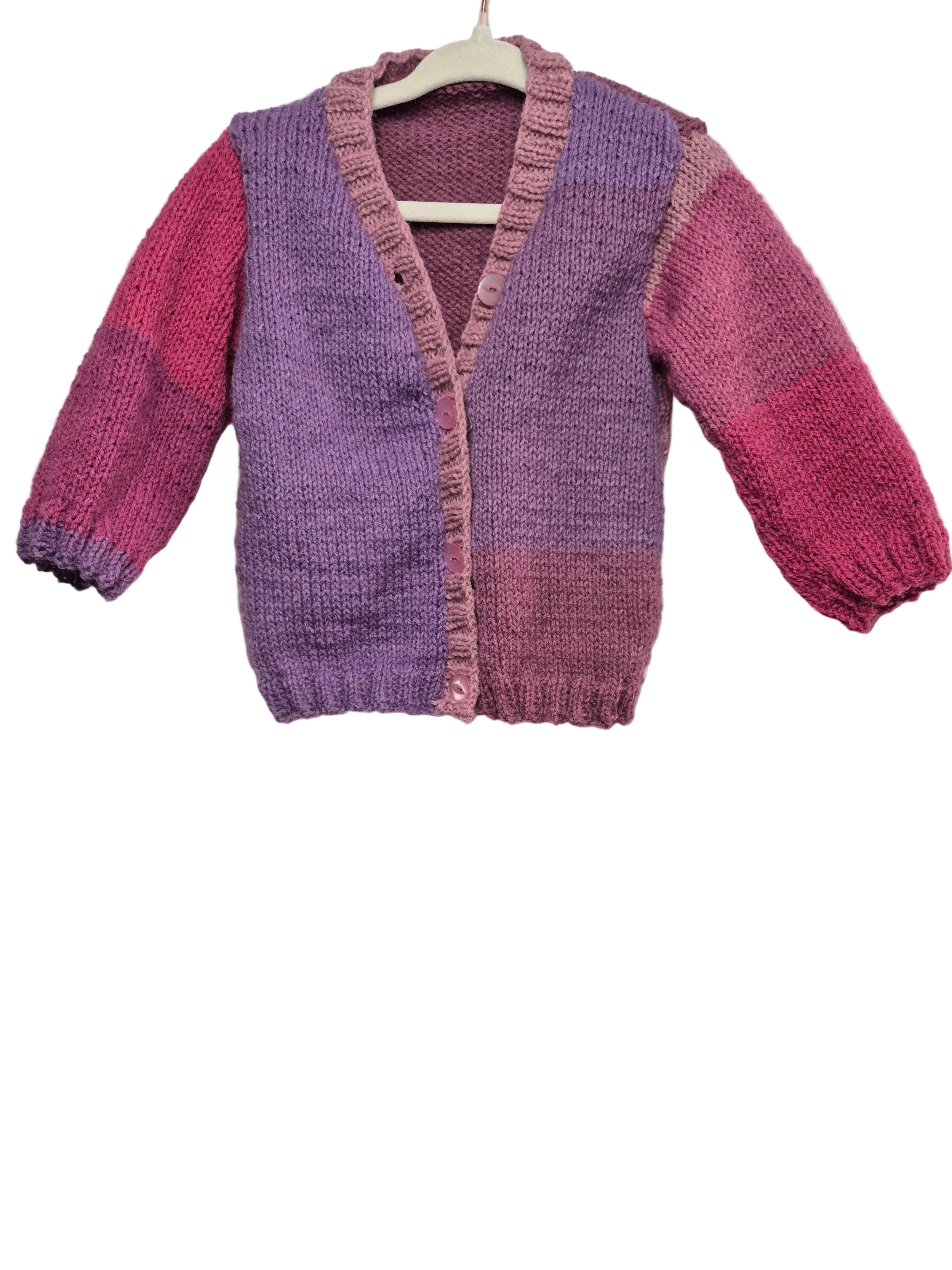 Hand knitted cardigan, girl sweater, 12 months to 2 years / block colours pink and purple