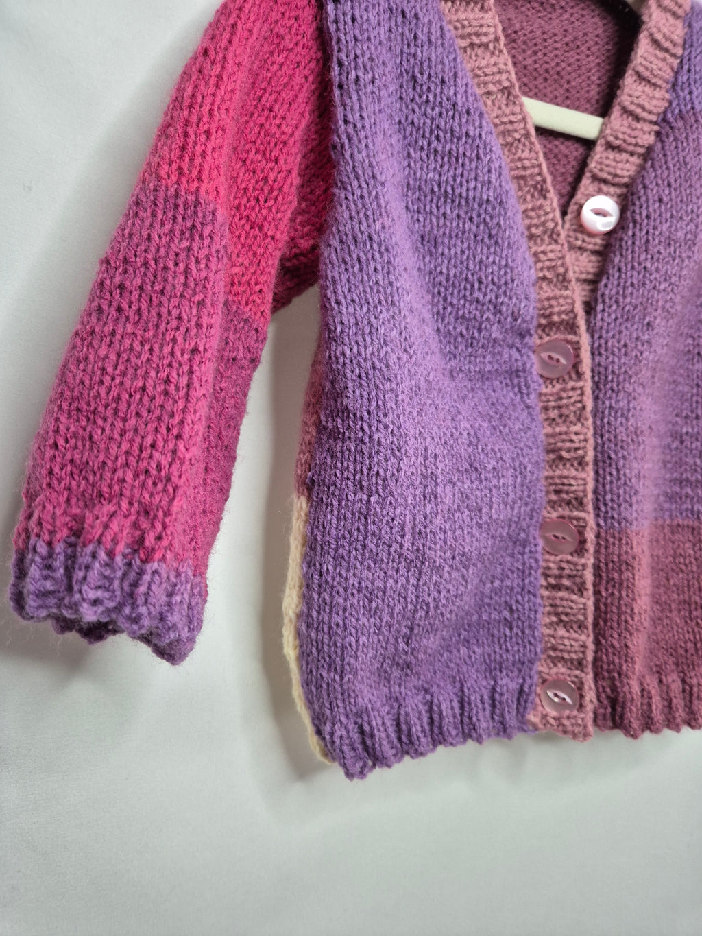 Hand knitted cardigan, girl sweater, 12 months to 2 years / block colours pink and purple