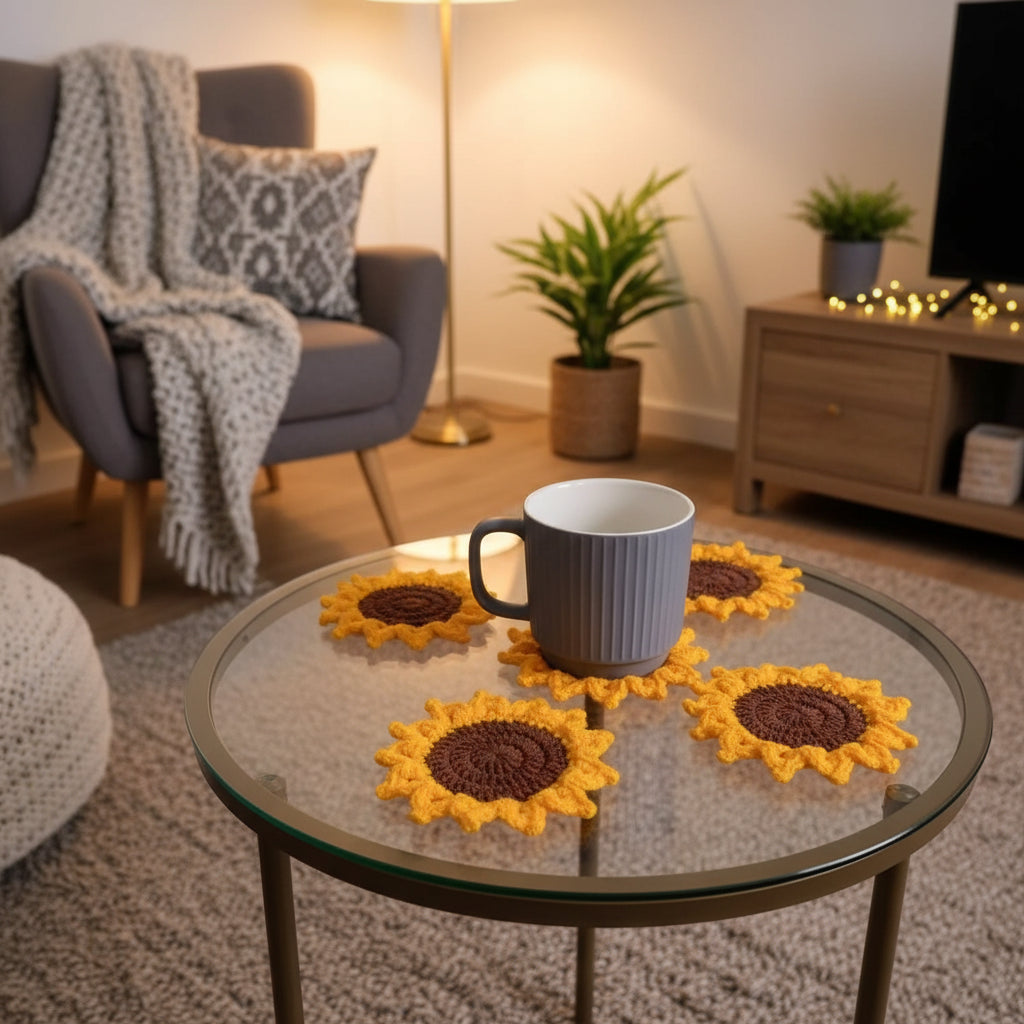 Handmade crochet sunflower coasters.  Gift sets - Outdoor living